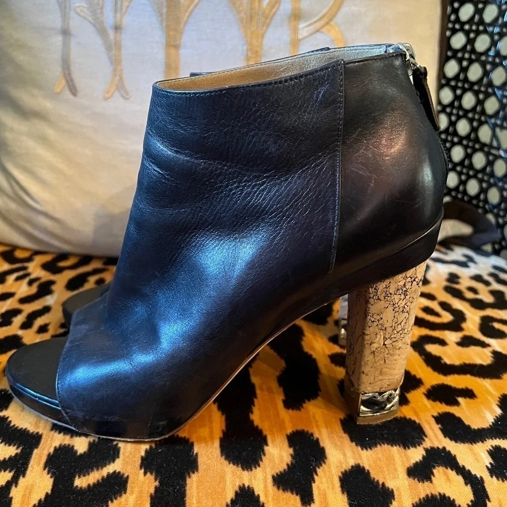 CHANEL OpenToe Black Leather Ankle Boots Mark Chain Cork Heel CC Size 38